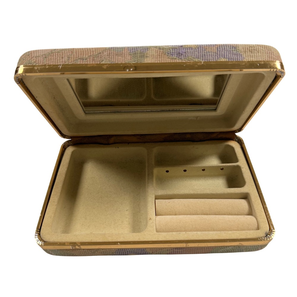 Vintage Floral Tapestry Travel Jewelry Box‎ Mirror Organizer Gold Tone Case